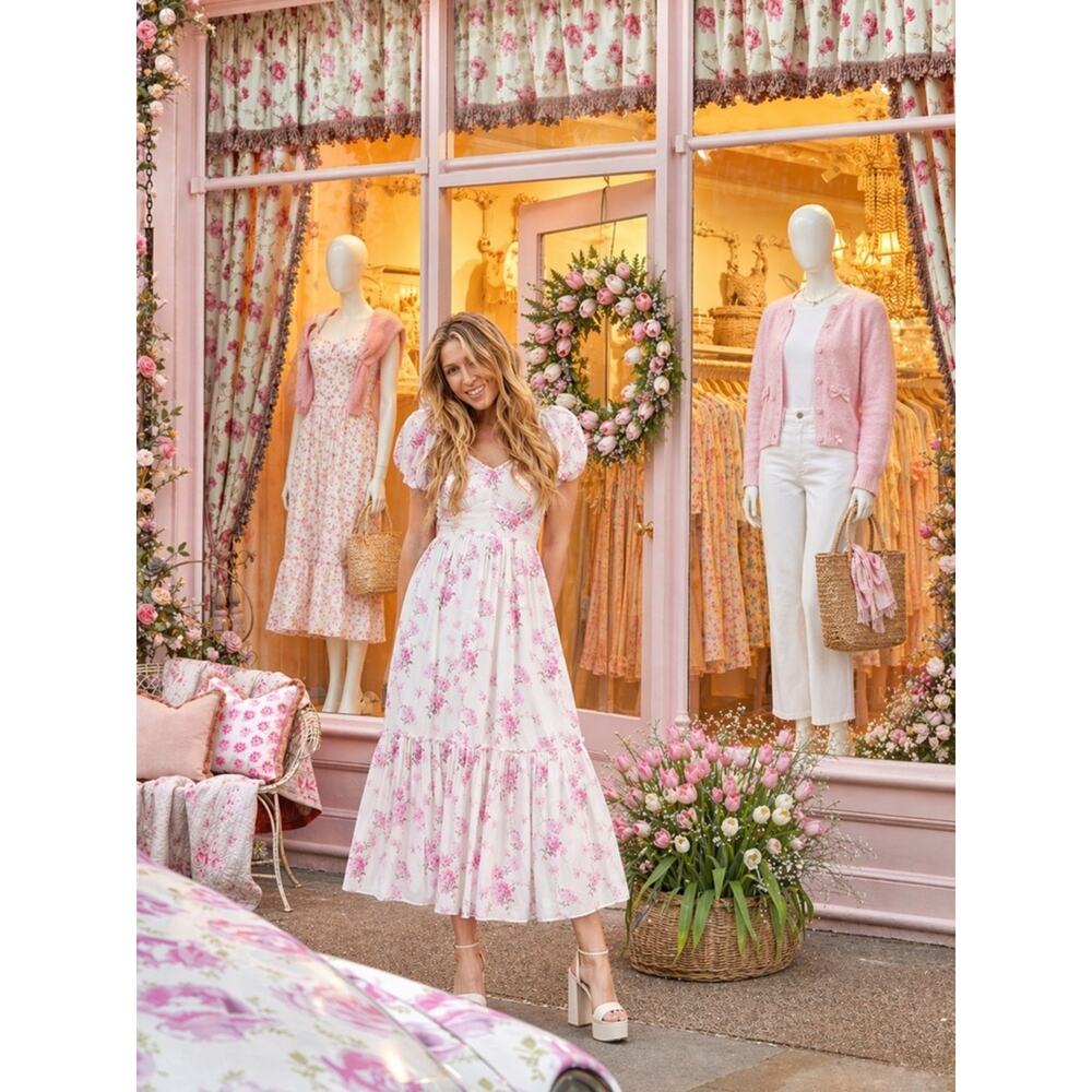 LoveShackFancy Angie Pink Floral Midi Dress | Grandmillennial Romantic Feminine - Picture 10 of 13